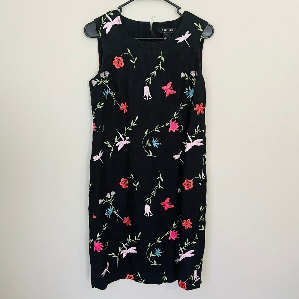 Vintage 1990s Parisian Signature Floral Butterfly Embroidered 100% Linen Dress